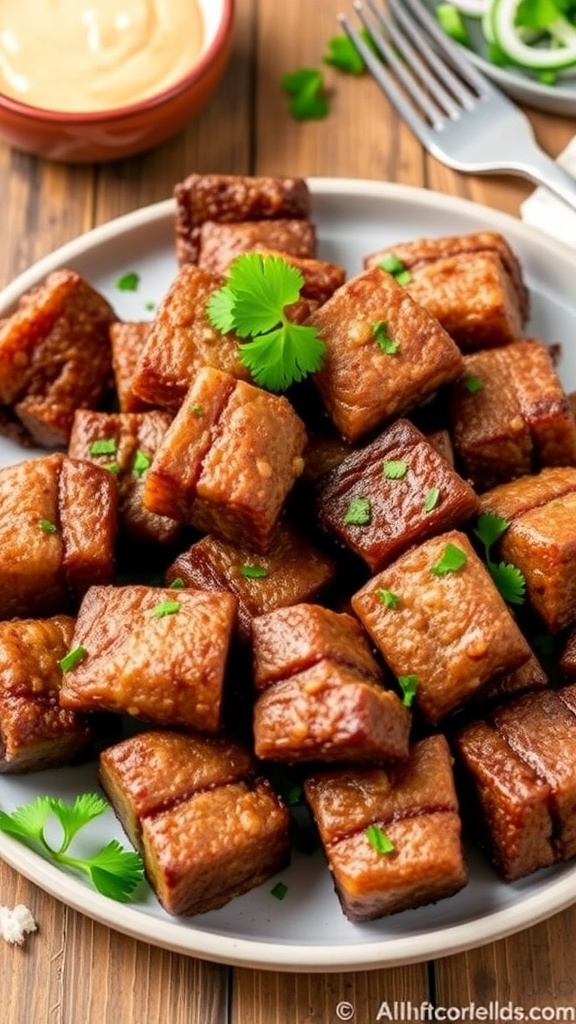 Juicy air fryer sirloin steak bites garnished with parsley on a rustic table with dipping sauce.